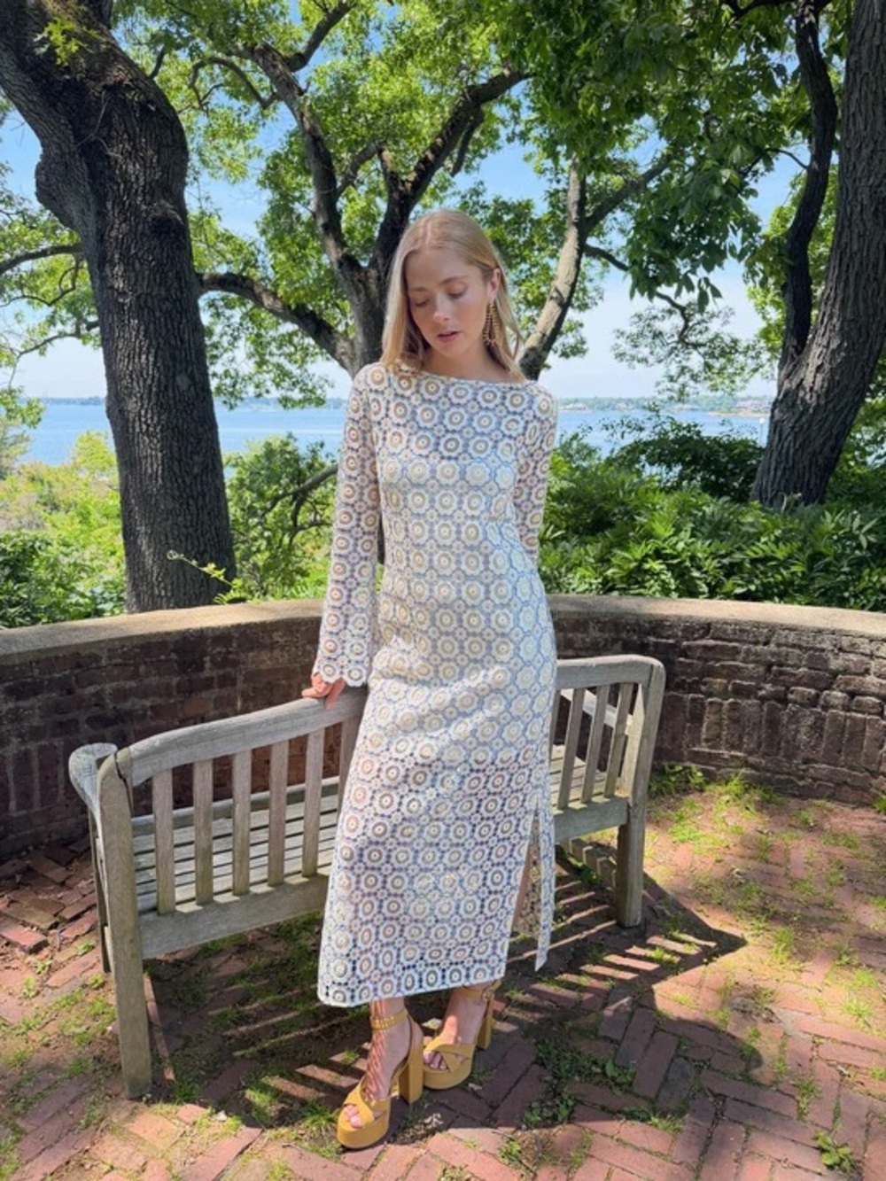 NWT Hill House Eliza White & Cornflower (blue) Floral Crochet Long-Sleeve Dress